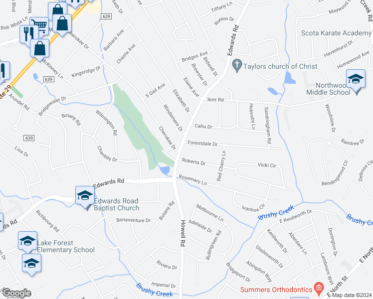 map of restaurants, bars, coffee shops, grocery stores, and more near 5 Roberta Drive in Greenville