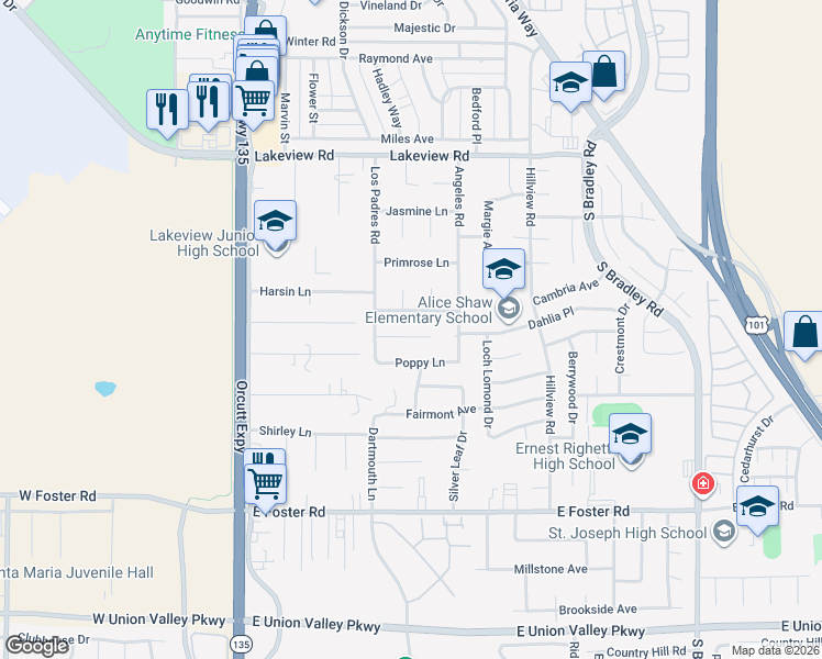 map of restaurants, bars, coffee shops, grocery stores, and more near 539 Dahlia Place in Orcutt