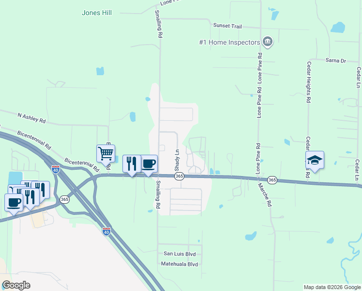 map of restaurants, bars, coffee shops, grocery stores, and more near 14146 Shady Lane in North Little Rock