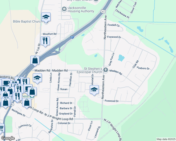 map of restaurants, bars, coffee shops, grocery stores, and more near 1304 Madden Road in Jacksonville