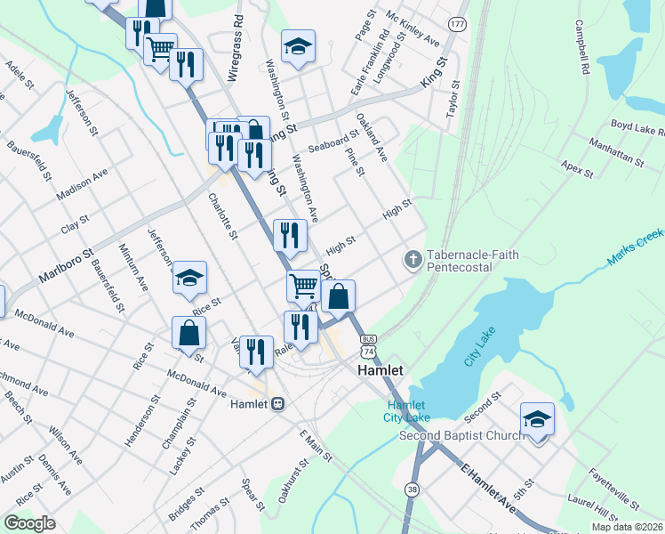 map of restaurants, bars, coffee shops, grocery stores, and more near 206 Spring Street in Hamlet