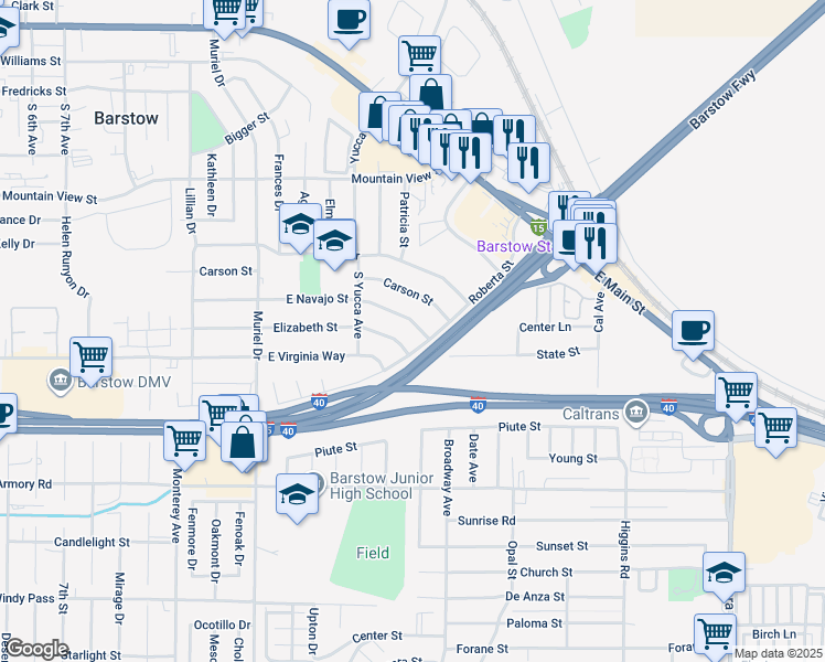 map of restaurants, bars, coffee shops, grocery stores, and more near 1240 East Navajo Street in Barstow
