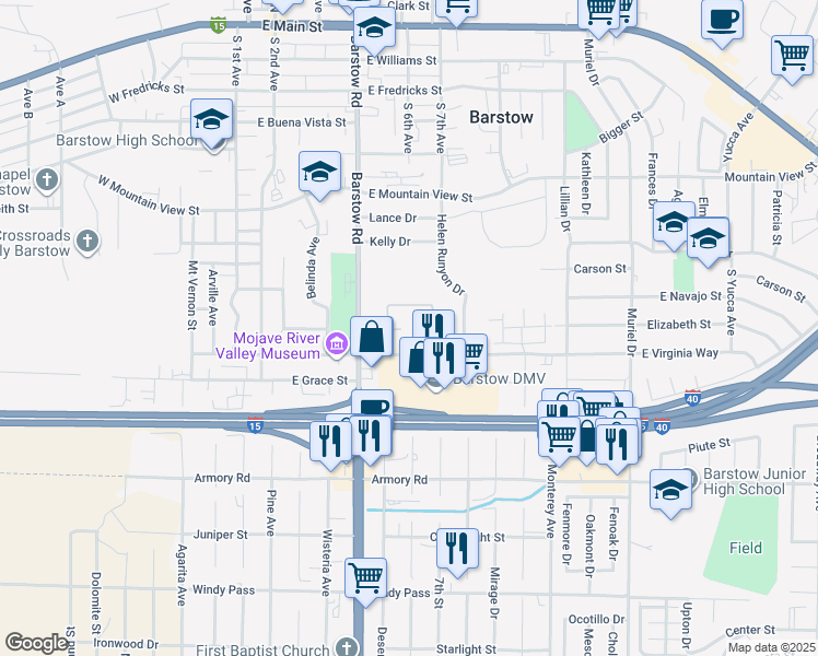 map of restaurants, bars, coffee shops, grocery stores, and more near 501 East Virginia Way in Barstow