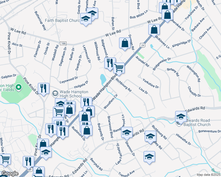 map of restaurants, bars, coffee shops, grocery stores, and more near 35 Woodfern Circle in Greenville