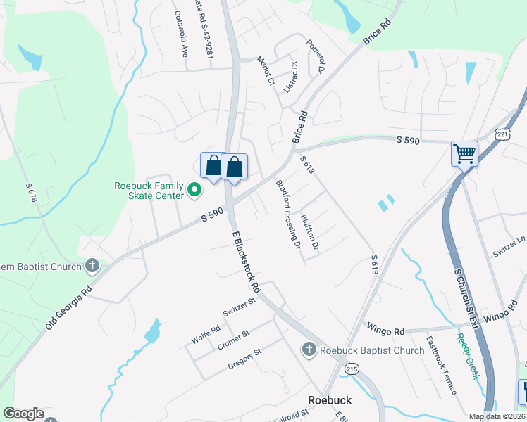 map of restaurants, bars, coffee shops, grocery stores, and more near 1831 East Blackstock Road in Roebuck