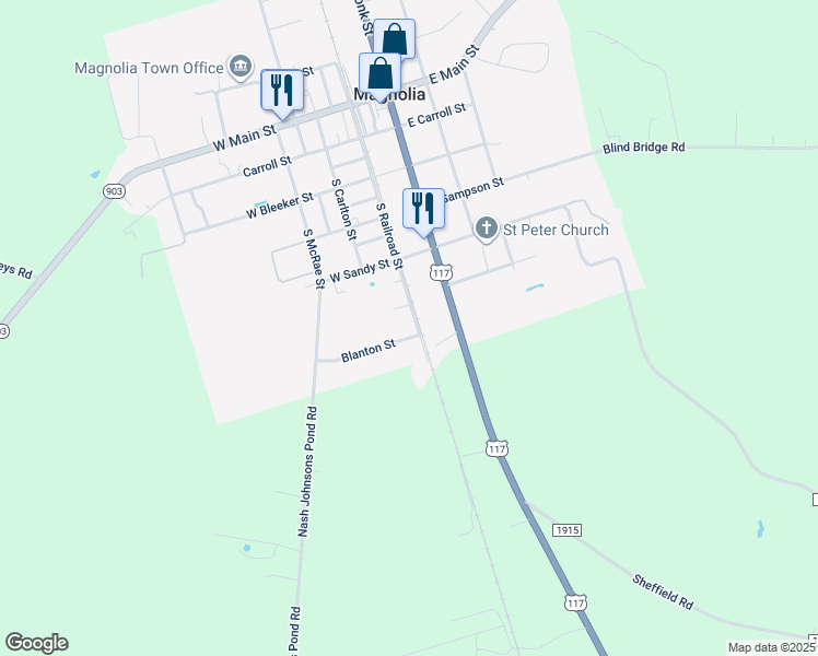 map of restaurants, bars, coffee shops, grocery stores, and more near 101-123 Blanton Street in Magnolia