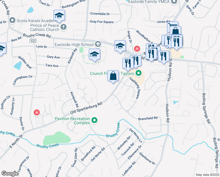 map of restaurants, bars, coffee shops, grocery stores, and more near 4909 Old Spartanburg Road in Taylors