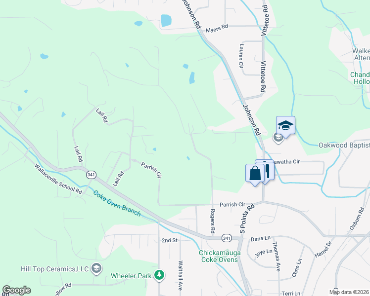 map of restaurants, bars, coffee shops, grocery stores, and more near 529 Rogers Road in Chickamauga