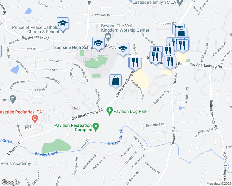 map of restaurants, bars, coffee shops, grocery stores, and more near 5 Georgetown Circle in Taylors