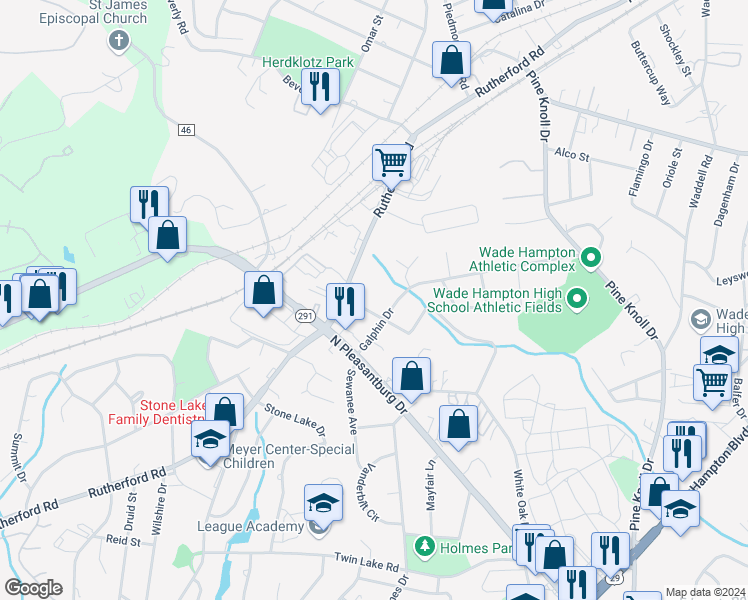 map of restaurants, bars, coffee shops, grocery stores, and more near 28 Hillrose Avenue in Greenville