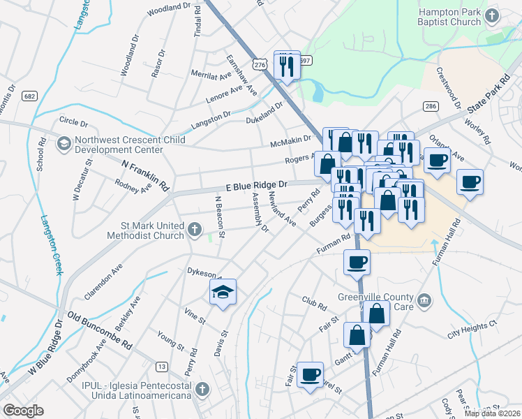 map of restaurants, bars, coffee shops, grocery stores, and more near 501 Darlington Avenue in Greenville