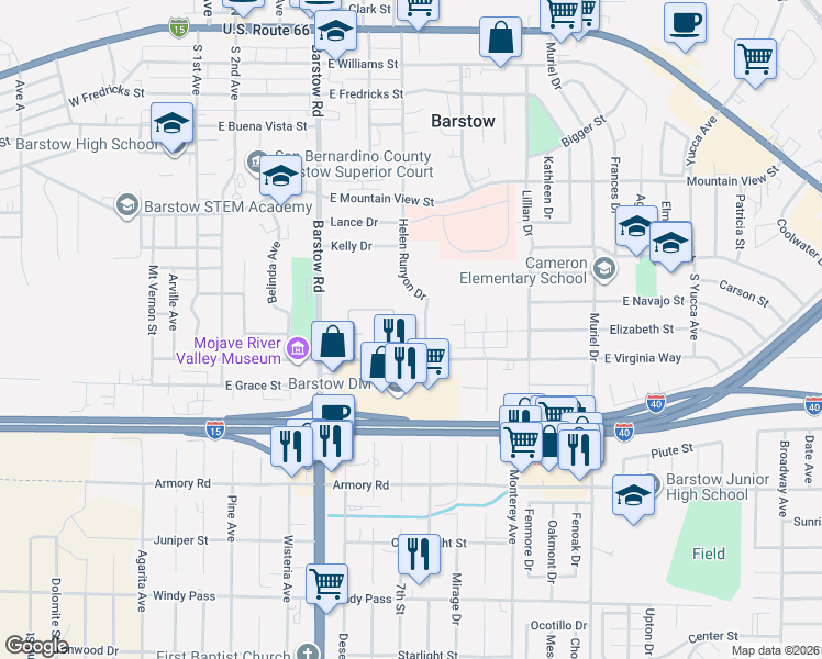 map of restaurants, bars, coffee shops, grocery stores, and more near 615 East Virginia Way in Barstow