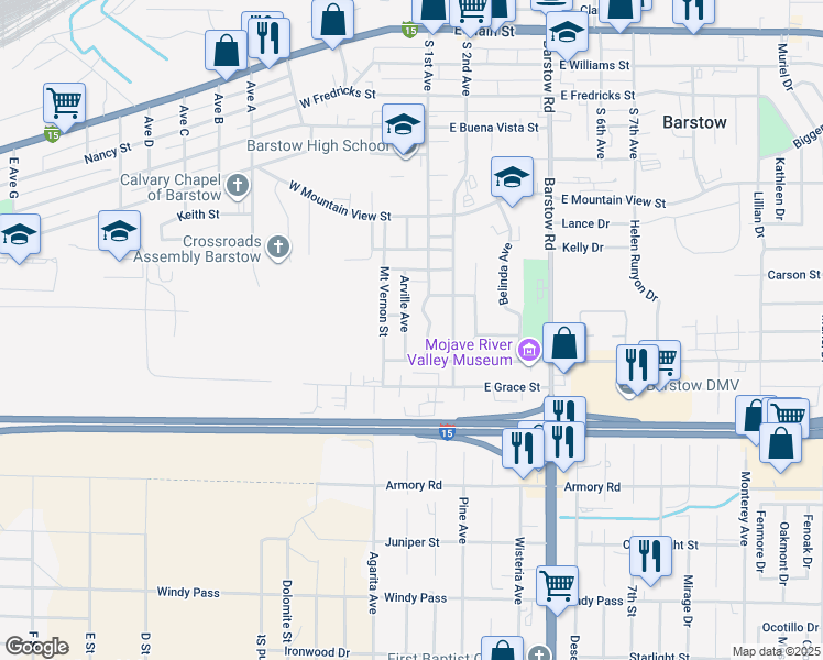 map of restaurants, bars, coffee shops, grocery stores, and more near 809 Arville Avenue in Barstow