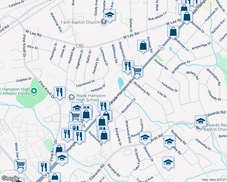 map of restaurants, bars, coffee shops, grocery stores, and more near 2207 Wade Hampton Boulevard in Greenville