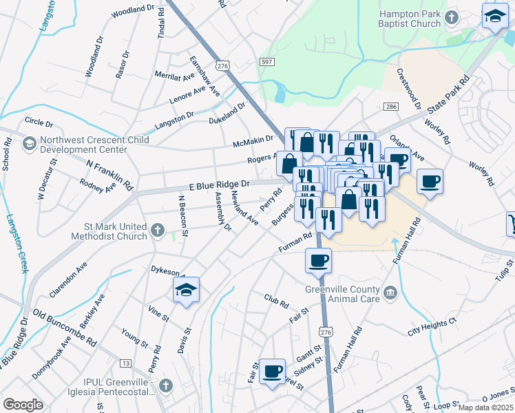 map of restaurants, bars, coffee shops, grocery stores, and more near 705 Perry Road in Greenville