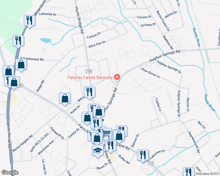 map of restaurants, bars, coffee shops, grocery stores, and more near 611 Sulphur Springs Road in Greenville