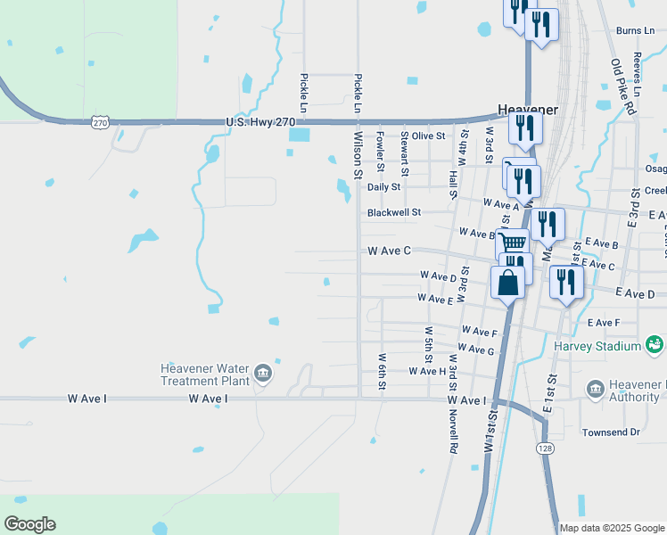 map of restaurants, bars, coffee shops, grocery stores, and more near 712 West Avenue D in Heavener