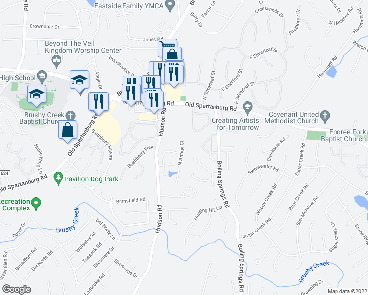 map of restaurants, bars, coffee shops, grocery stores, and more near 206 North Antigo Court in Greer
