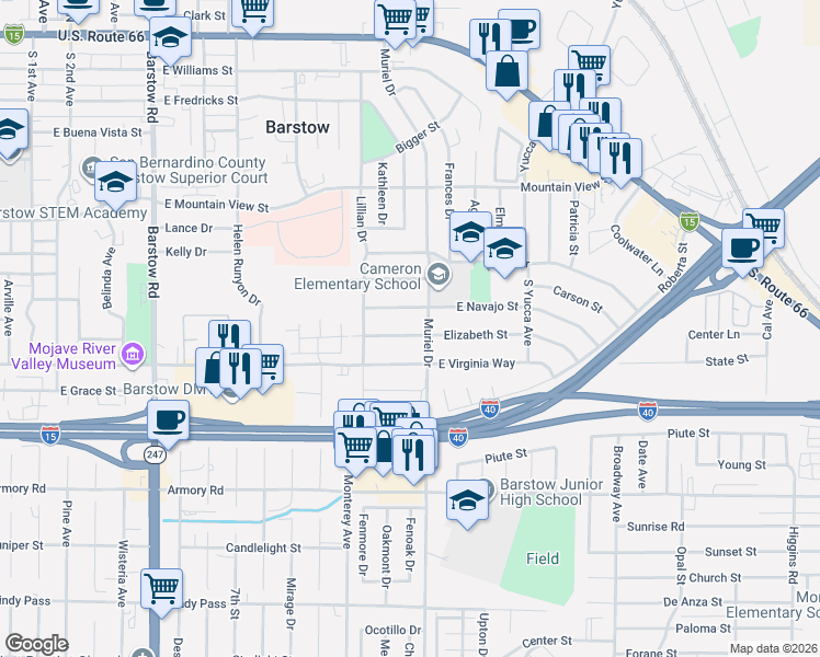 map of restaurants, bars, coffee shops, grocery stores, and more near 927 East Navajo Street in Barstow