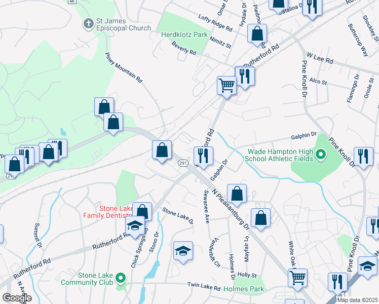 map of restaurants, bars, coffee shops, grocery stores, and more near 1303 Rutherford Road in Greenville