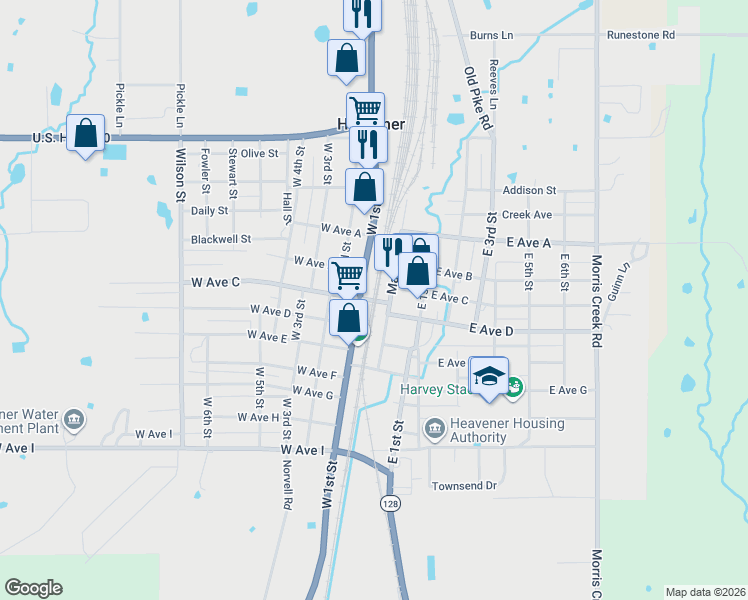 map of restaurants, bars, coffee shops, grocery stores, and more near West Avenue C in Heavener