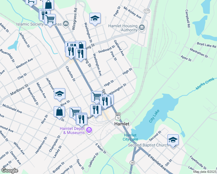 map of restaurants, bars, coffee shops, grocery stores, and more near 314 High Street in Hamlet