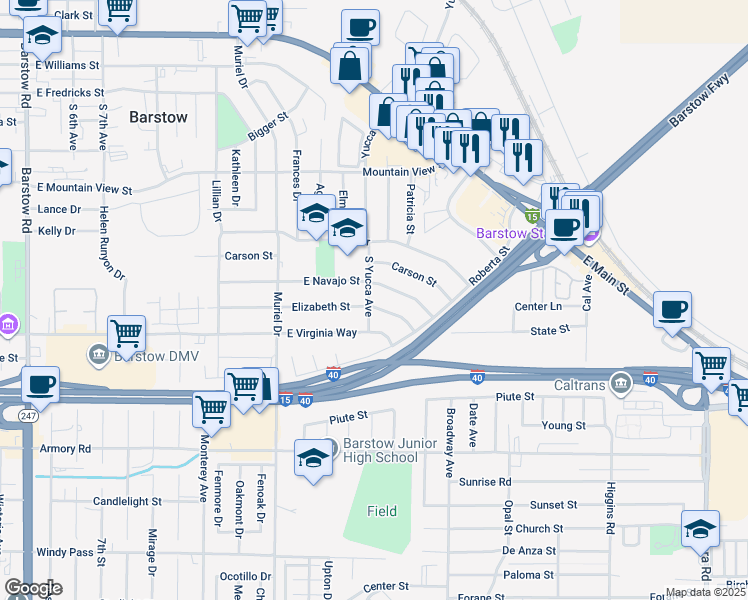 map of restaurants, bars, coffee shops, grocery stores, and more near 1201 Elizabeth Street in Barstow