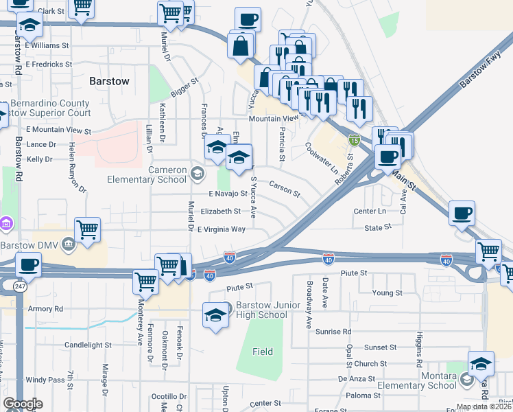 map of restaurants, bars, coffee shops, grocery stores, and more near 1201 Elizabeth Street in Barstow