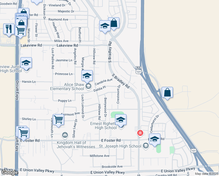 map of restaurants, bars, coffee shops, grocery stores, and more near 884 Dahlia Place in Santa Maria