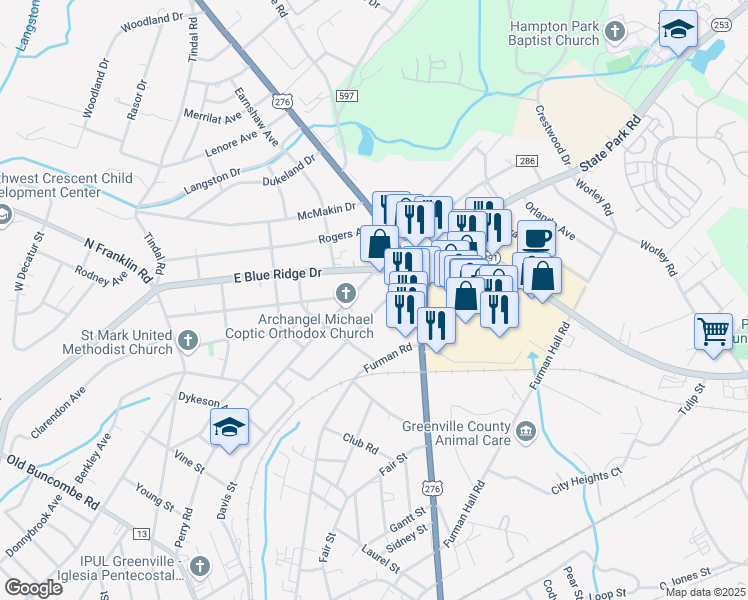 map of restaurants, bars, coffee shops, grocery stores, and more near 503 East Blue Ridge Drive in Greenville