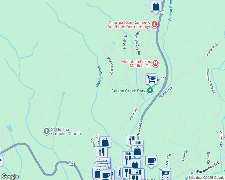 map of restaurants, bars, coffee shops, grocery stores, and more near 22 Skyline Lane in Clayton