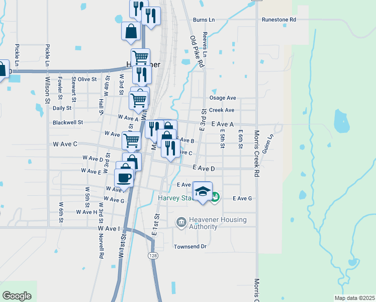 map of restaurants, bars, coffee shops, grocery stores, and more near 407 East 2nd Street in Heavener