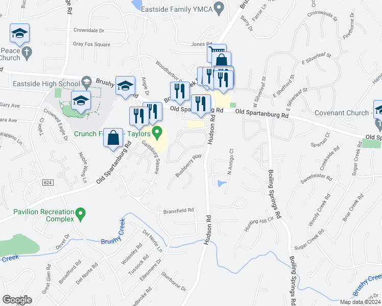 map of restaurants, bars, coffee shops, grocery stores, and more near 10 Bushberry Way in Greer
