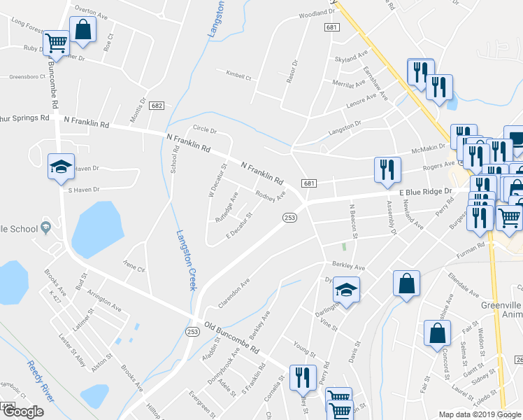 map of restaurants, bars, coffee shops, grocery stores, and more near 5 East Decatur Street in Greenville