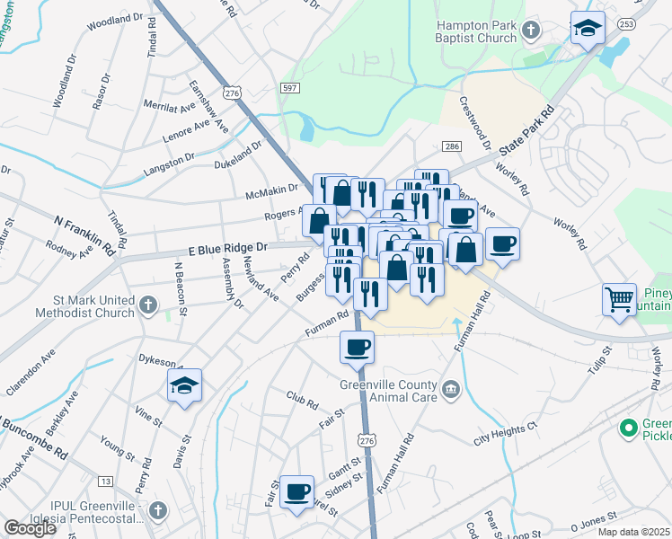 map of restaurants, bars, coffee shops, grocery stores, and more near 503 East Blue Ridge Drive in Greenville