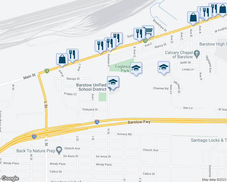 map of restaurants, bars, coffee shops, grocery stores, and more near 551 Avenue H in Barstow