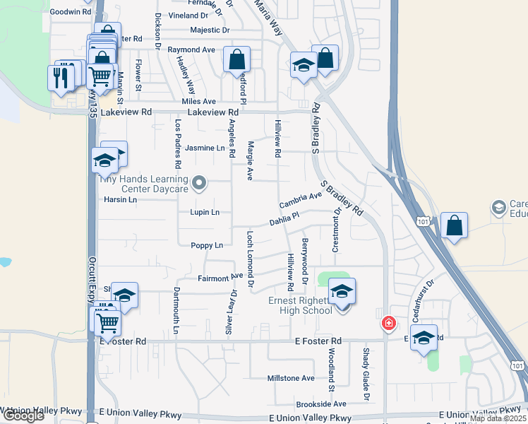 map of restaurants, bars, coffee shops, grocery stores, and more near 759 Dahlia Place in Santa Maria