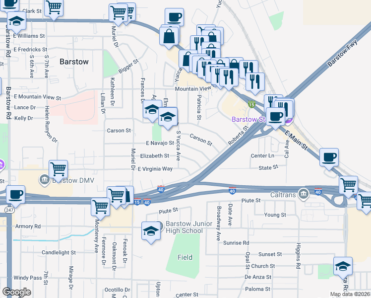 map of restaurants, bars, coffee shops, grocery stores, and more near 1208 East Navajo Street in Barstow