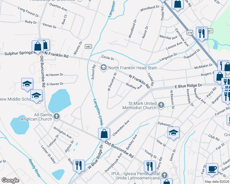 map of restaurants, bars, coffee shops, grocery stores, and more near 113 West Decatur Street in Greenville