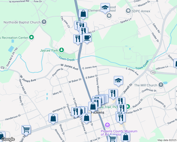 map of restaurants, bars, coffee shops, grocery stores, and more near 126 East Jones Avenue in Pickens