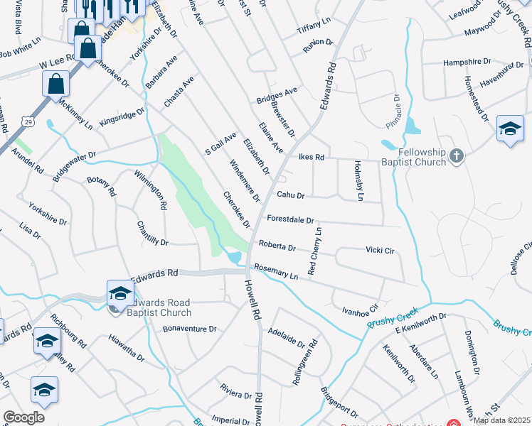 map of restaurants, bars, coffee shops, grocery stores, and more near 2800 Edwards Road in Taylors