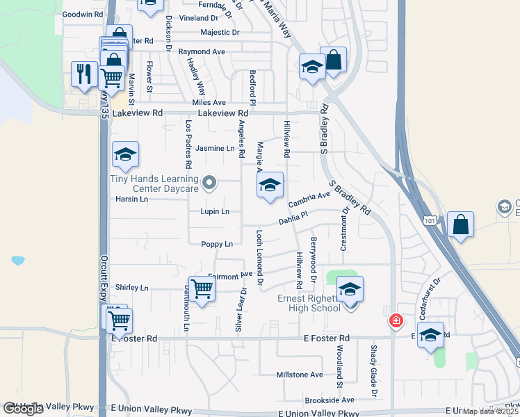 map of restaurants, bars, coffee shops, grocery stores, and more near 759 Dahlia Place in Santa Maria