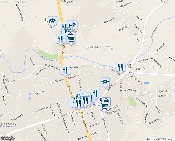 map of restaurants, bars, coffee shops, grocery stores, and more near 120 Poinsett Avenue in Pickens