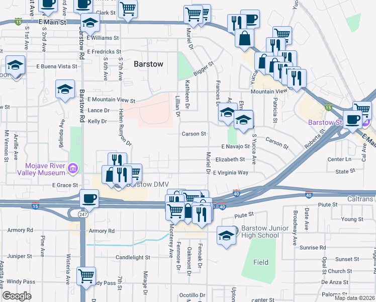 map of restaurants, bars, coffee shops, grocery stores, and more near 912 East Navajo Street in Barstow