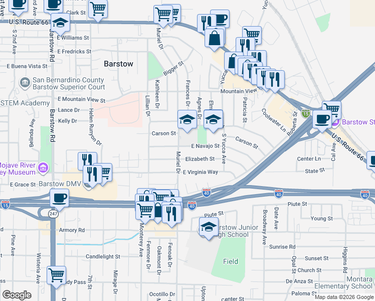 map of restaurants, bars, coffee shops, grocery stores, and more near 1000 East Navajo Street in Barstow