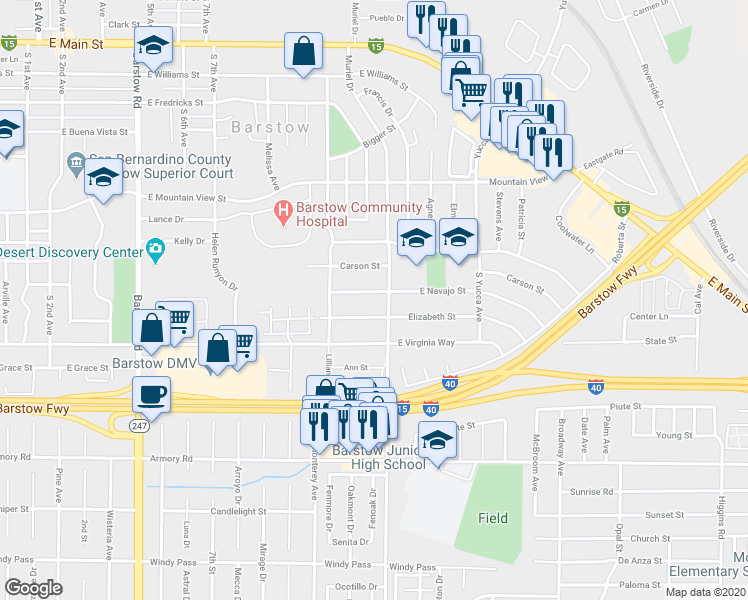 map of restaurants, bars, coffee shops, grocery stores, and more near 927 East Navajo Street in Barstow