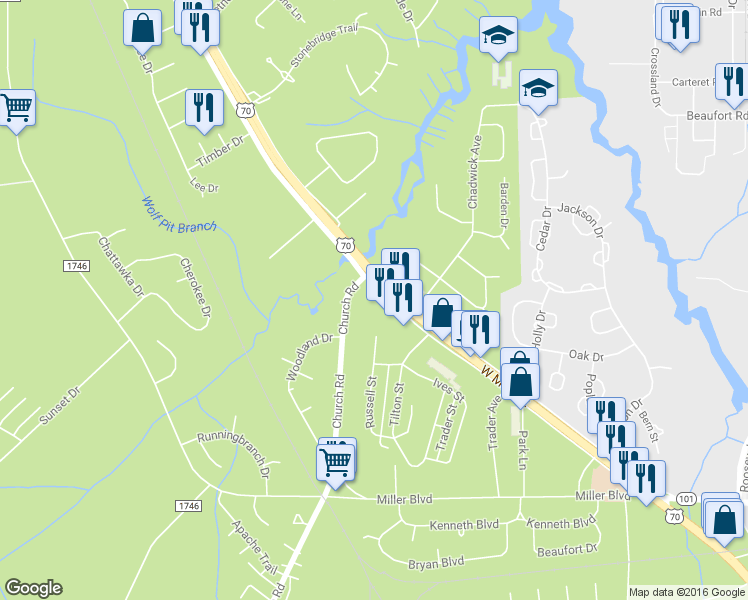 map of restaurants, bars, coffee shops, grocery stores, and more near 413 West Main Street in Havelock