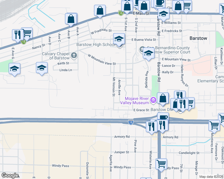 map of restaurants, bars, coffee shops, grocery stores, and more near 728 Mount Vernon Street in Barstow