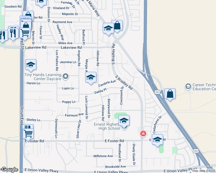 map of restaurants, bars, coffee shops, grocery stores, and more near 863 Dahlia Place in Santa Maria