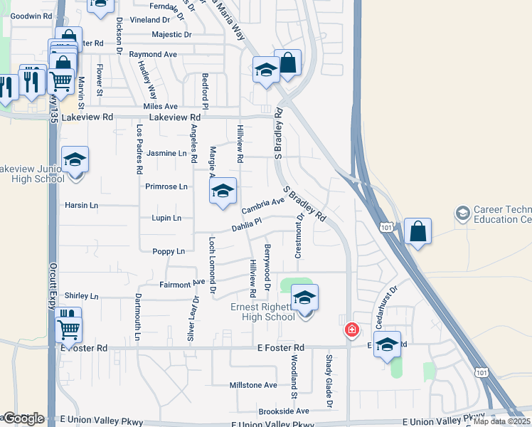 map of restaurants, bars, coffee shops, grocery stores, and more near 863 Dahlia Place in Santa Maria